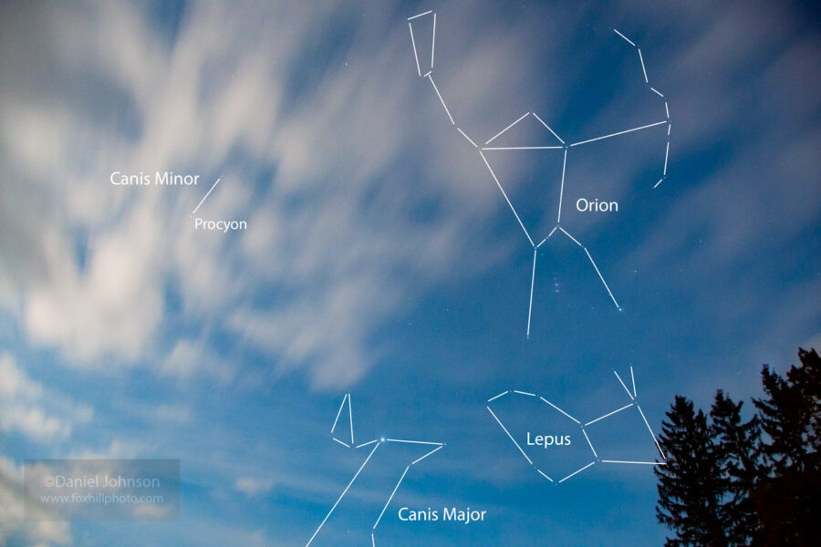 Constellations Orion, Lepus, Canis Minor and Major
