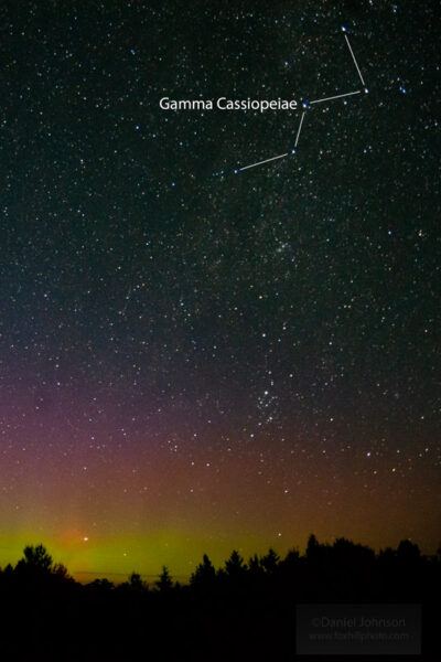 Northern Lights over a forest, with Cassiopeia constellation