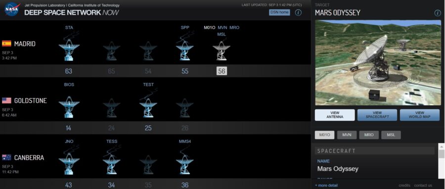 Captura de pantalla del sitio web de monitoreo de redes de espacio profundo