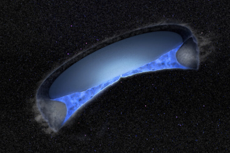Cutaway diagram of protoplanetary disk, which flares out away from star