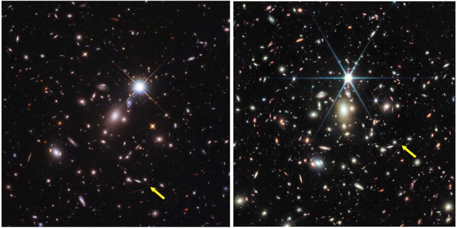 Side-by-side images of galaxy field containing Earendel by HST and JWST