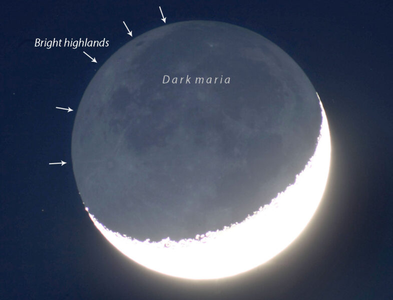 Photo of the crescent Moon, highlighting the highland regions along the earthshine-lit edge.
