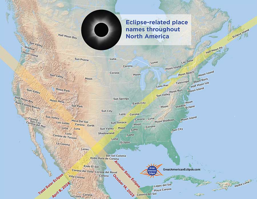 North America map showing locations of eclipse place names