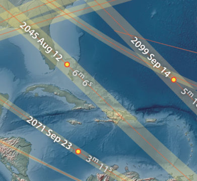 Close-up of eclipse globe paths and labels