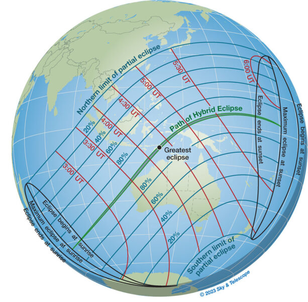 Eclipse track for hybid solar eclipse in April 2023