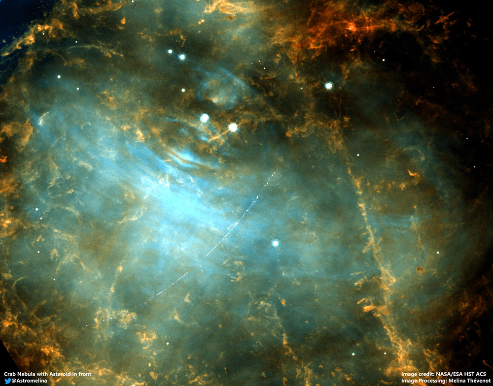 Asteroid trail in Crab Nebula image by Hubble