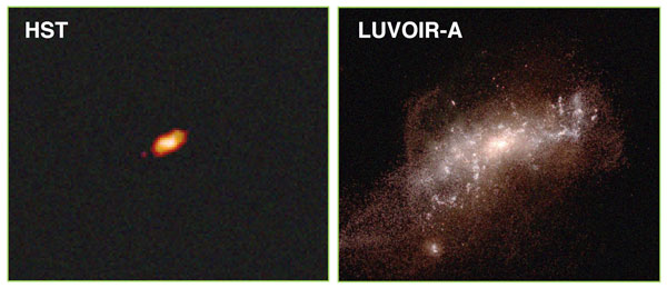 LUVOIR vs Hubble: Distant, low-mass galaxy