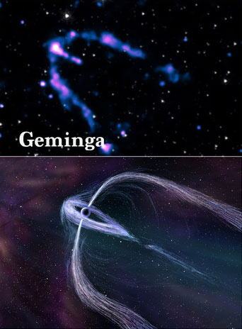 Chandra observations of the Geminga pulsar (top) and an artist's illustration of the pulsar's configuration (bottom).X-ray: NASA / CXC / PSU / B.Posselt et al.; Illustration: Nahks TrEhnl