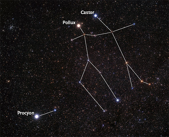 Photo of Gemini with Pollux and Castor and Canis Minor with Procyon