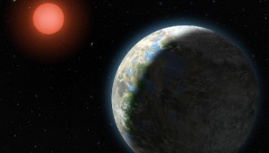 This artist's conception shows the inner four planets of the Gliese 581 system and their host star, a red dwarf star only 20 light years away from Earth. The large planet in the foreground is the newly discovered GJ 581g, which has a 37-day orbit right in the middle of the star's habitable zone and is only three to four times the mass of Earth, with a diameter 1.2 to 1.4 times that of Earth. Lynette Cook