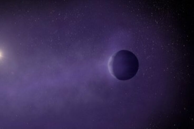 a dark purple orb is half illuminated by a bright white, smaller orb to its left