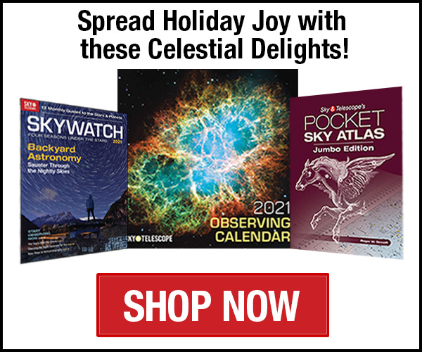 image of Sky & Telescope magazine, the 2021 observing calendar, and the jumbo pocket sky atlas