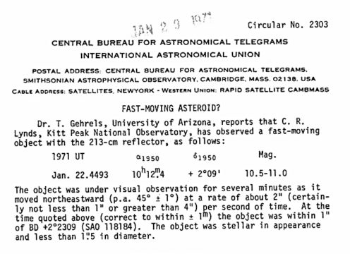 IAU Circular 2303, dated Jan. 26, 1971, announcing the Lynds mystery object.