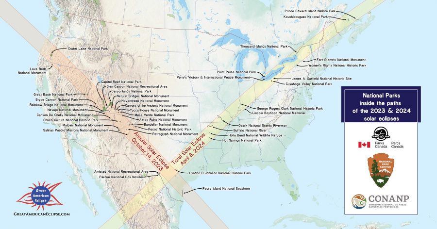 a map showing the eclipse lines for 2023 and 2024 intersecting at texas