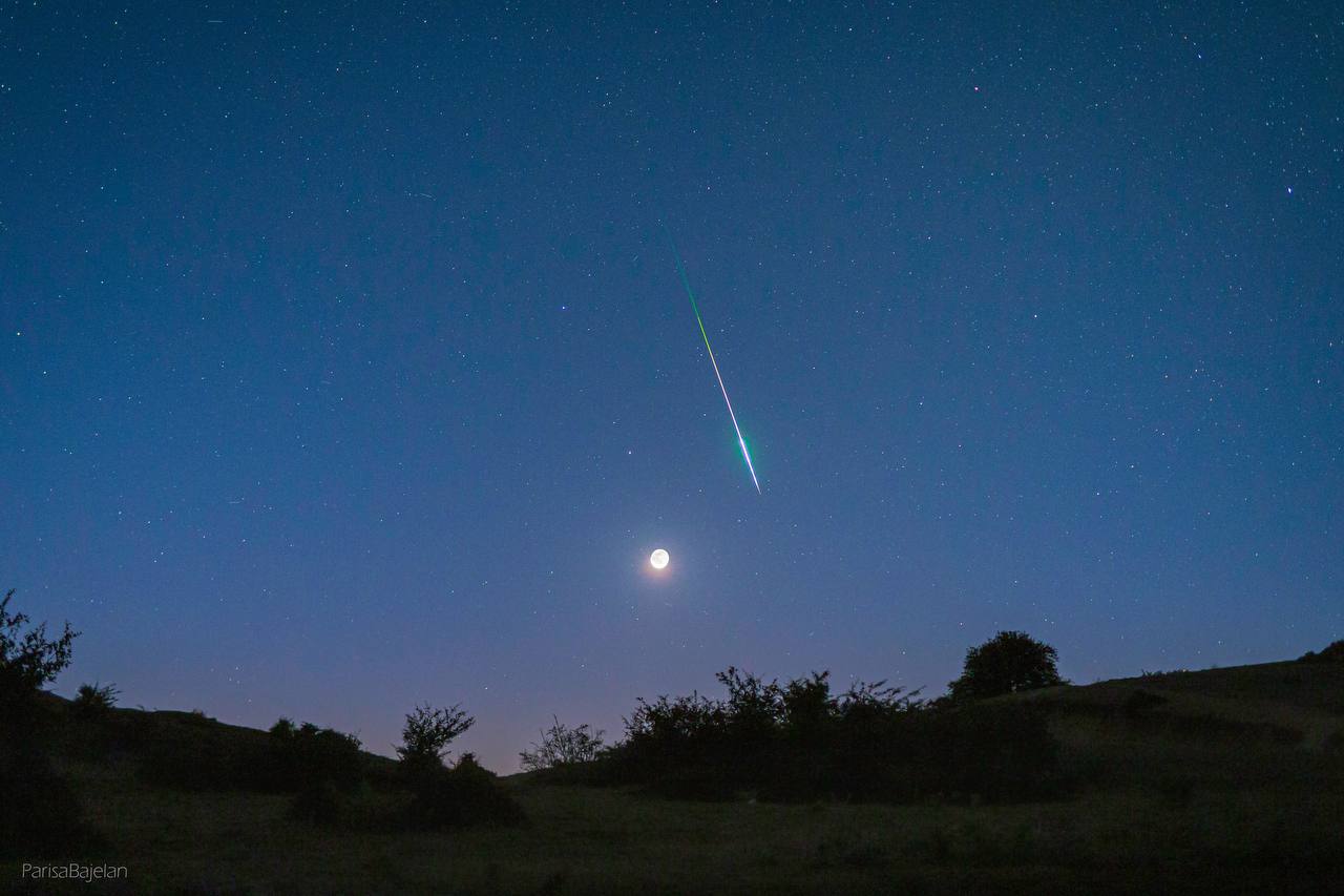 Perseids meteor and wanning crescent Moon  