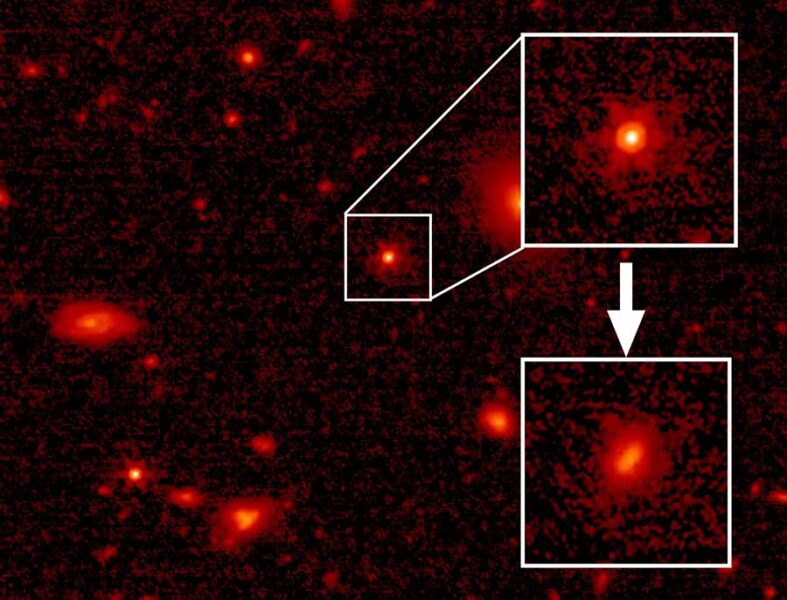 Quasar at left is shown in two insets deconvolved into the bright, active core and the fainter host galaxy