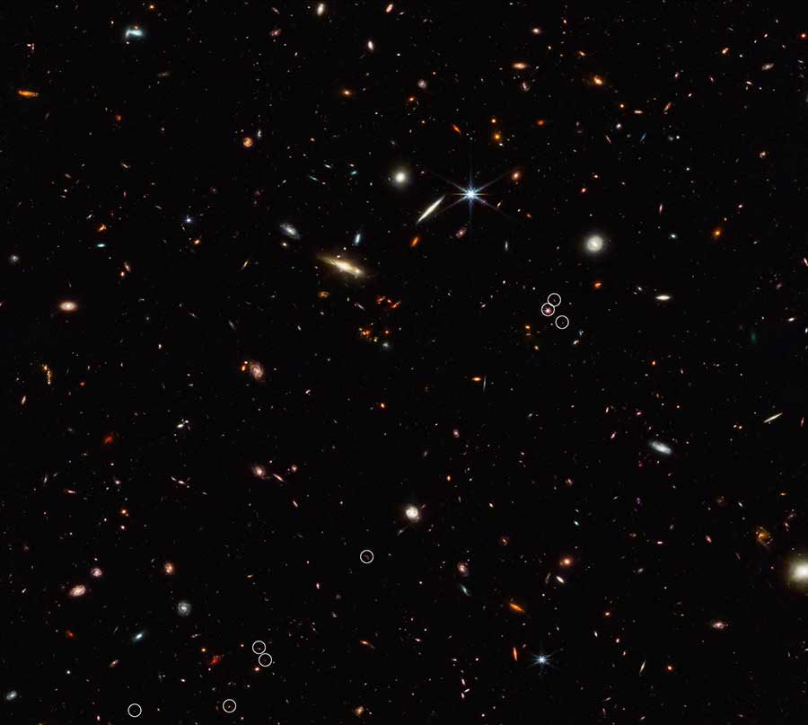 Galaxy field containing distant quasar and 10 equally distant galaxies