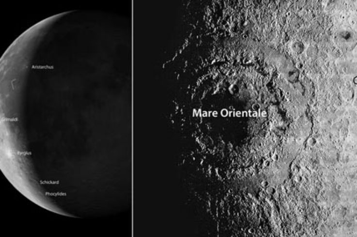 A bullseye basin, volcanic domes and lava-flooded crater highlight Friday morning's crescent Moon