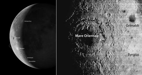 A bullseye basin, volcanic domes and lava-flooded crater highlight Friday morning's crescent Moon