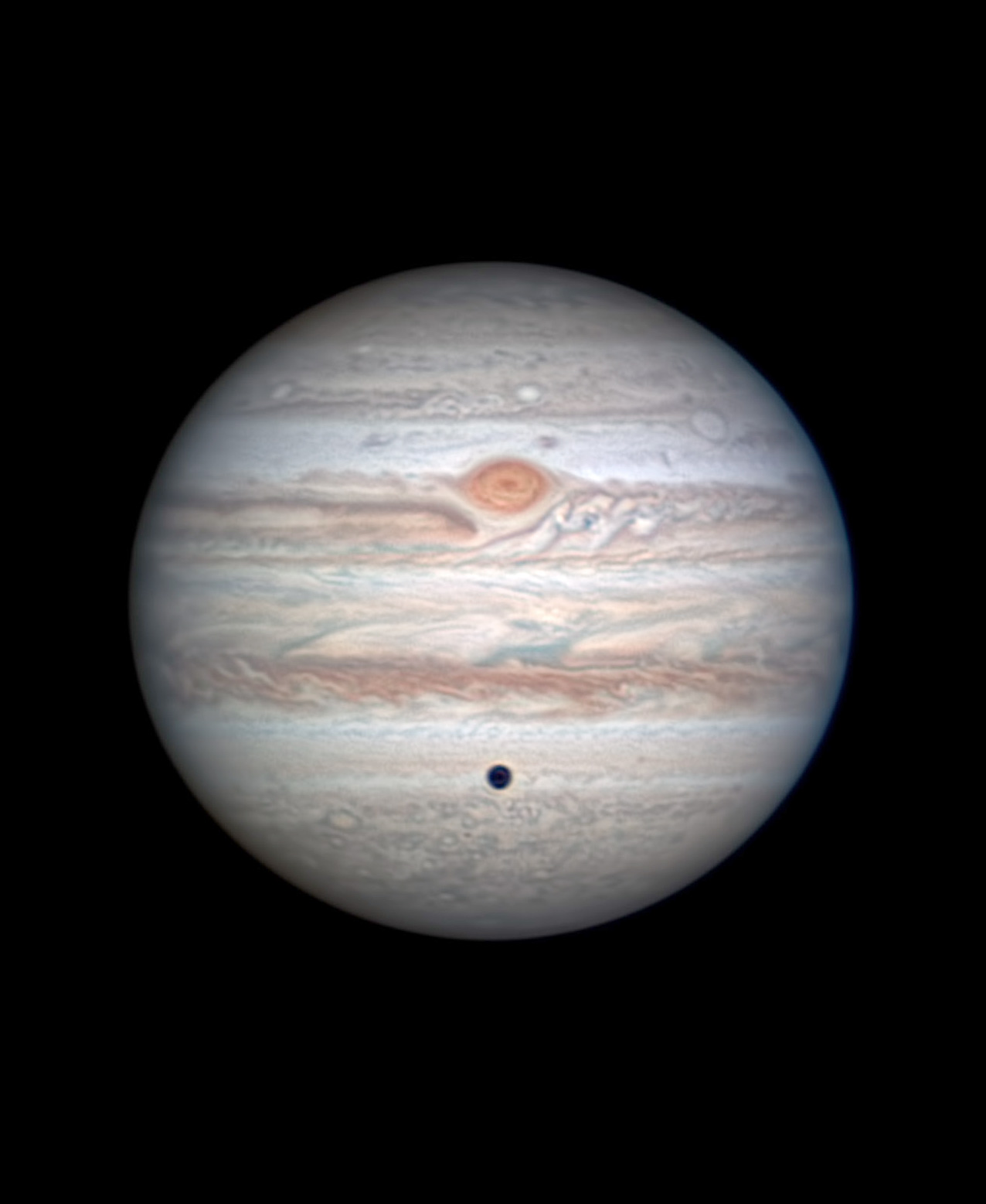 Jupiter with Great Red Spot near the central meridian and Callisto in transit, June 22, 2020 