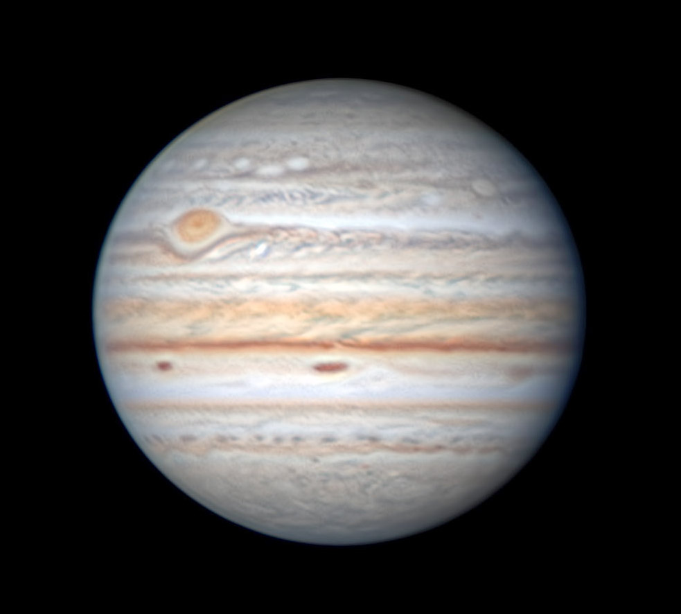 Jupiter with Great Red Spot and two dark barges on Nov. 22, 2021.