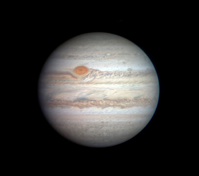 Jupiter on April 11, 2020, imaged by Christopher Go. South here is up. The Great Red Spot is still quite intact, after its drama last year when it appeared to shell fragments of orange stuff. Pale tan material still fills the Equatorial Zone, usually white.