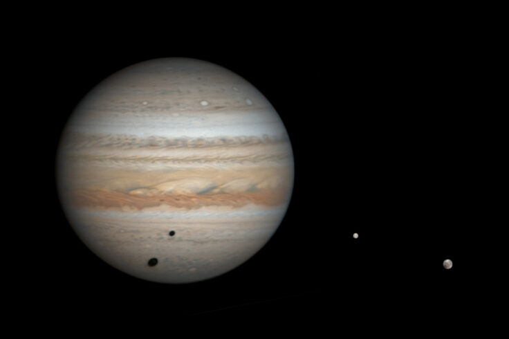 Jupiter, Ganymede, Europa and double shadows, March 25, 2019