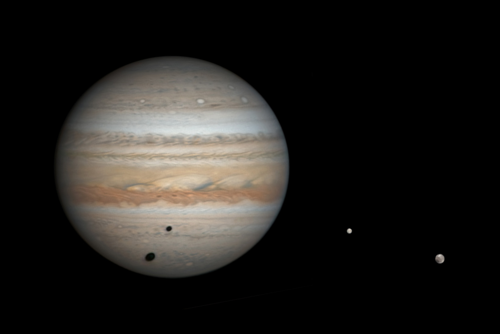 Jupiter, Ganymede, Europa and double shadows, March 25, 2019