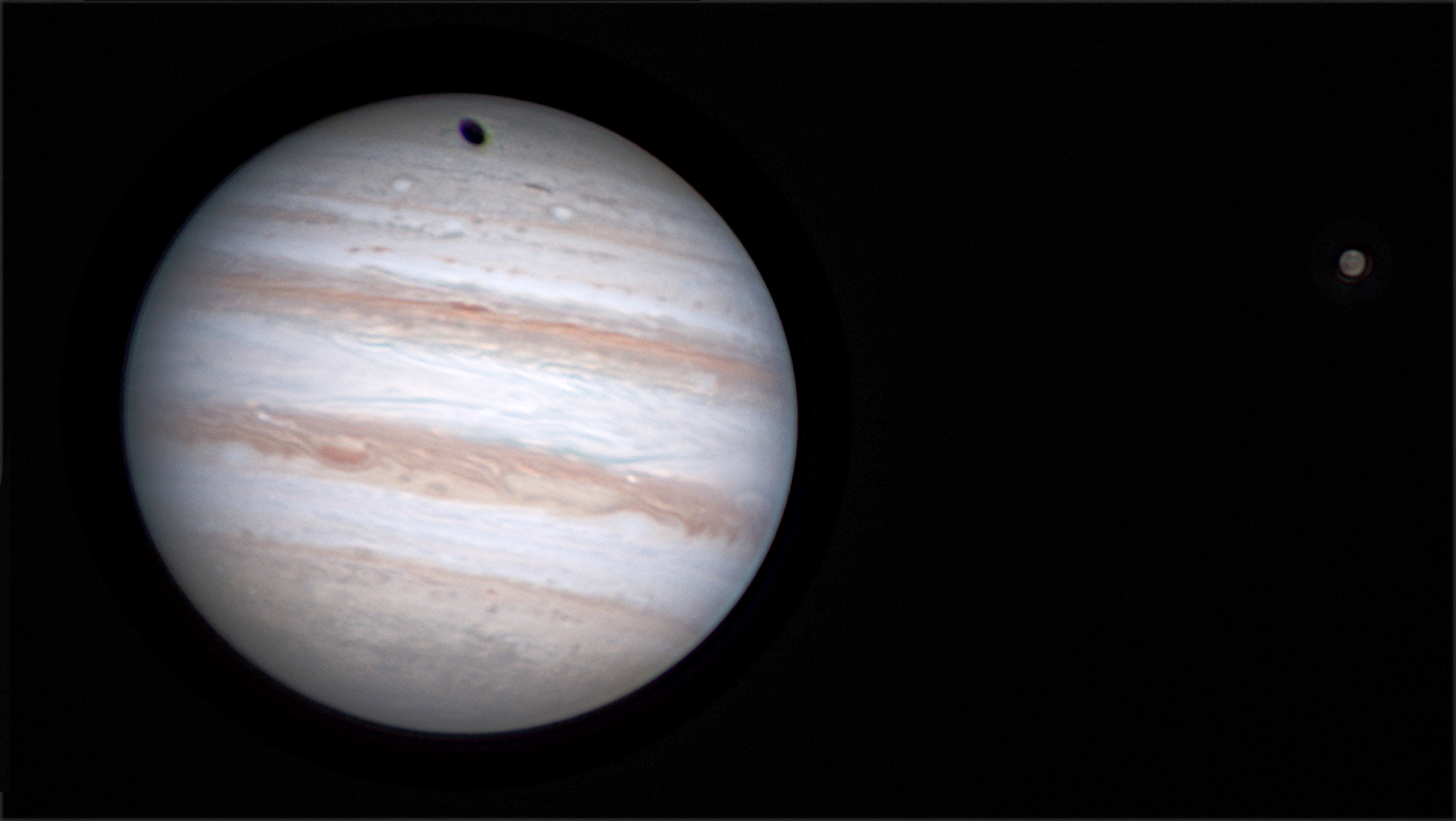 Hi-res image of Jupiter, Ganymede, and Ganymede's shadow, Sept 9, 2023
