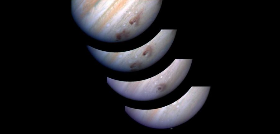 four overlapping jupiters showing dark orange marks on the bottom