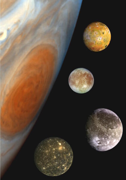 Galilean moons composite with the Great Red Spot showing on Jupiter