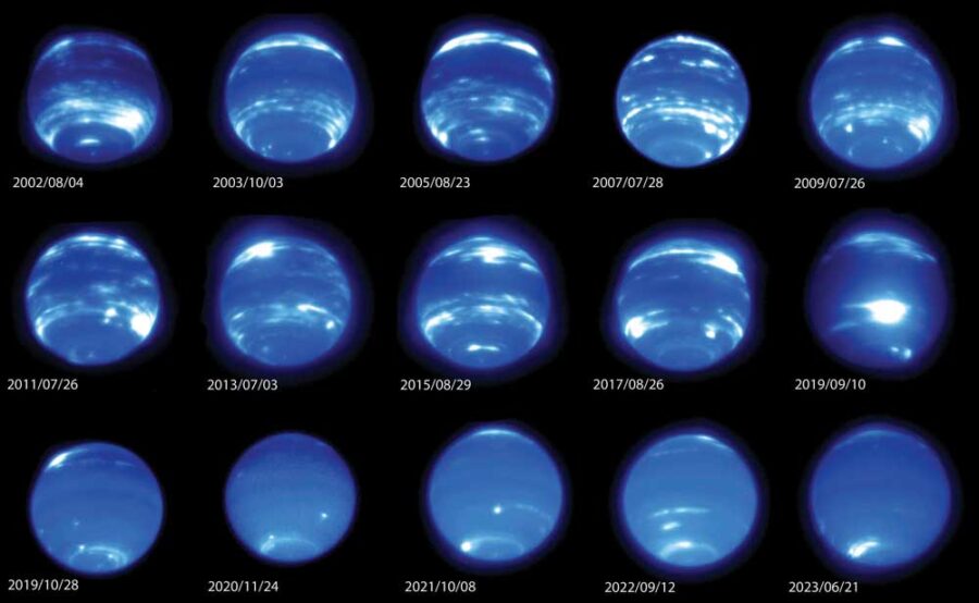 series of images of blue Neptune with bright clouds appearing and disappearing over nearly 30 years