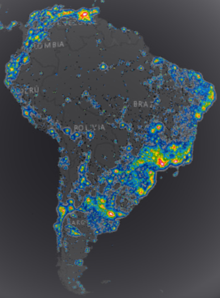 Light pollution map for South America
