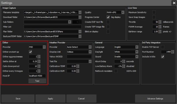 Dither parameters control window in BackyardEOS. Aggressiveness determines how far the scope pointing will move between exposures.