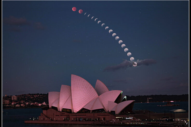 Stages of lunar eclipse arc over the Sydney Opera House