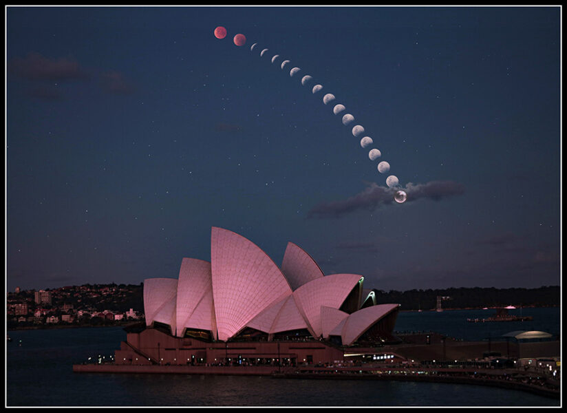 Stages of lunar eclipse arc over the Sydney Opera House