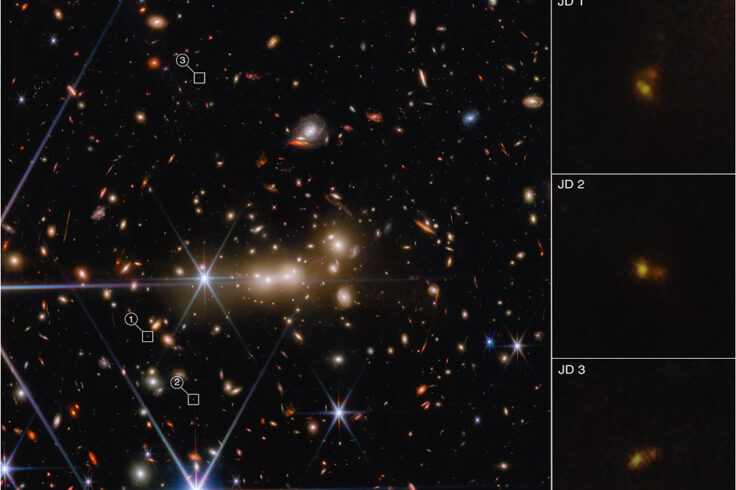 Faint, fuzzy dots among galaxies speckled on a black field
