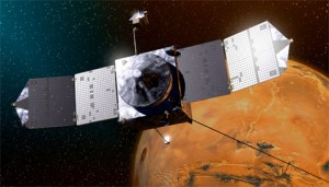 This image shows an artist concept of NASA's Mars Atmosphere and Volatile Evolution (MAVEN)  spacecraft, which reached the Red Planet on September 21, 2014. Lockheed Martin
