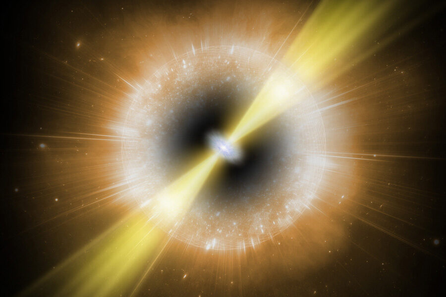 Compact object emits jets and ring of light in artist's concept of a supernova dubbed "the Cow"