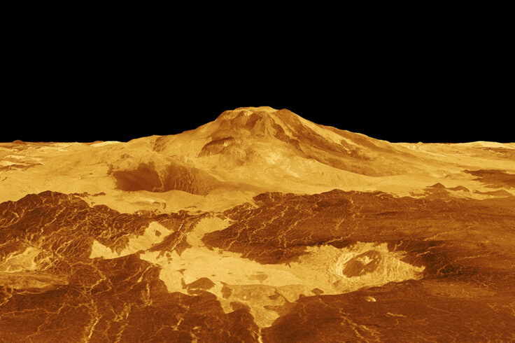 Sulphur-tinged volcano rises above surface on Venus