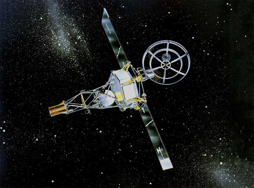 a satelitte floating in space with a black background with small stars visible