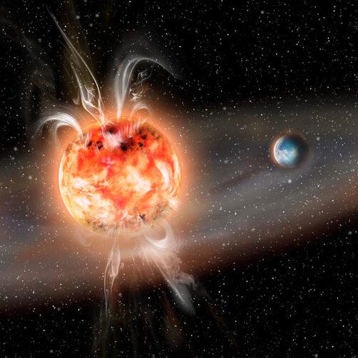 an illustration of a flaring red dwarf, with a disk of gas and dust containing an earth-like exoplanet.