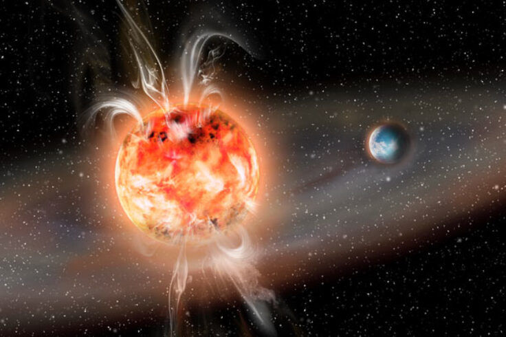 an illustration of a flaring red dwarf, with a disk of gas and dust containing an earth-like exoplanet.