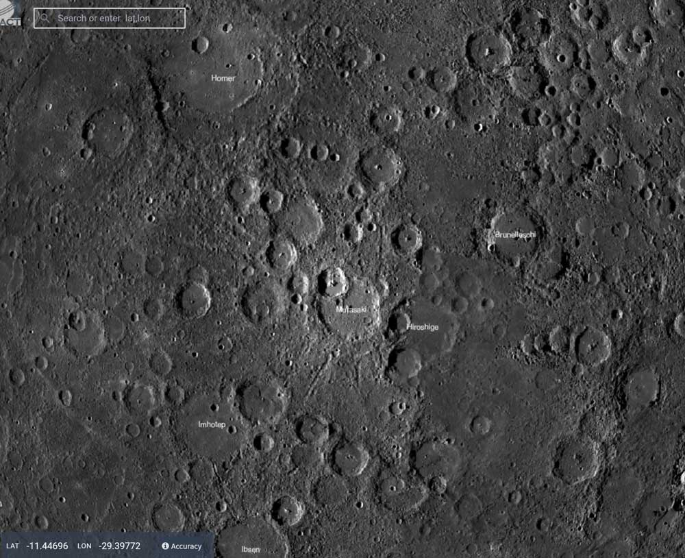 a close up of the map of mercury's surface, grey, with locations noted in white