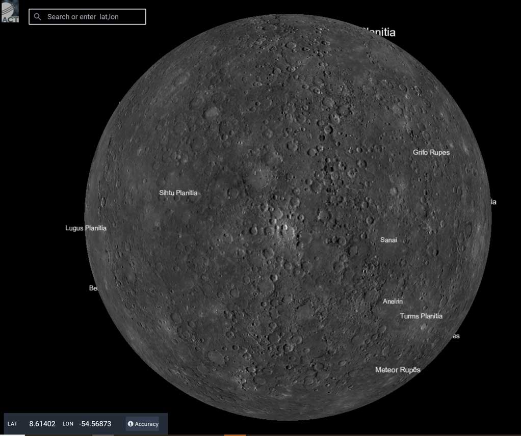 grey surface of mercury on a black background with locations on the surface noted