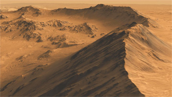 A simulated oblique view of the rim of Mojave crater on Mars, created using images from the HiRISE camera on NASA's Mars Reconnaissance Orbiter.