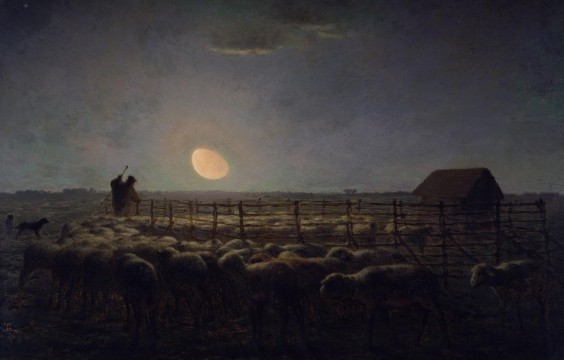 A painting titled "The Sheepfold" by Jean-Francois Millet captures the subtle coloration and deep shadows of moonlight. 