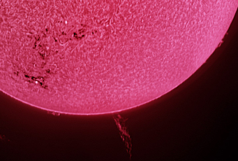 A prominence dances along the solar limb in this image through a solar H-alpha filter. Granulation is easily visible across the surface.