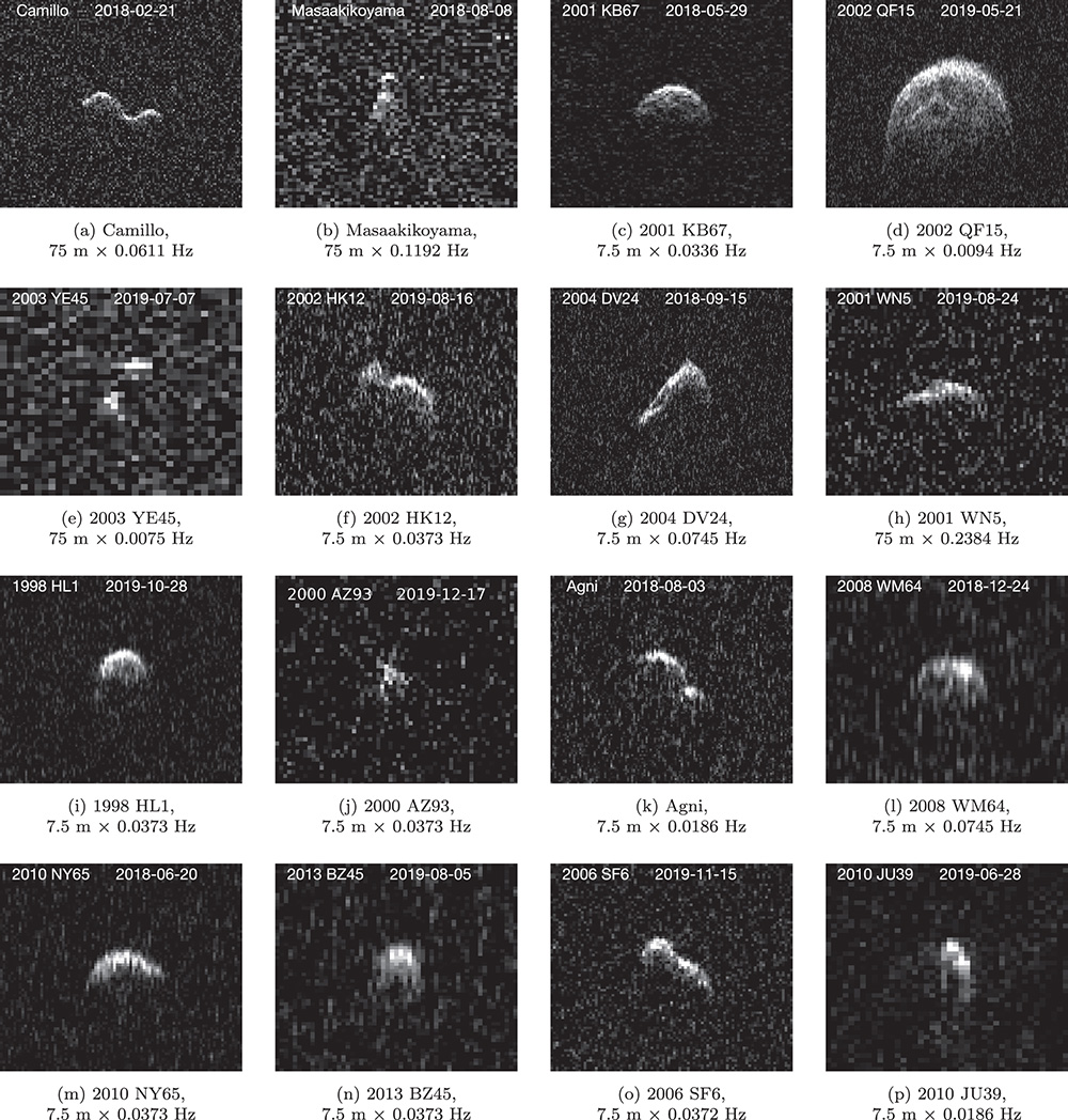 radar data for 16 asteroids, each in its own box