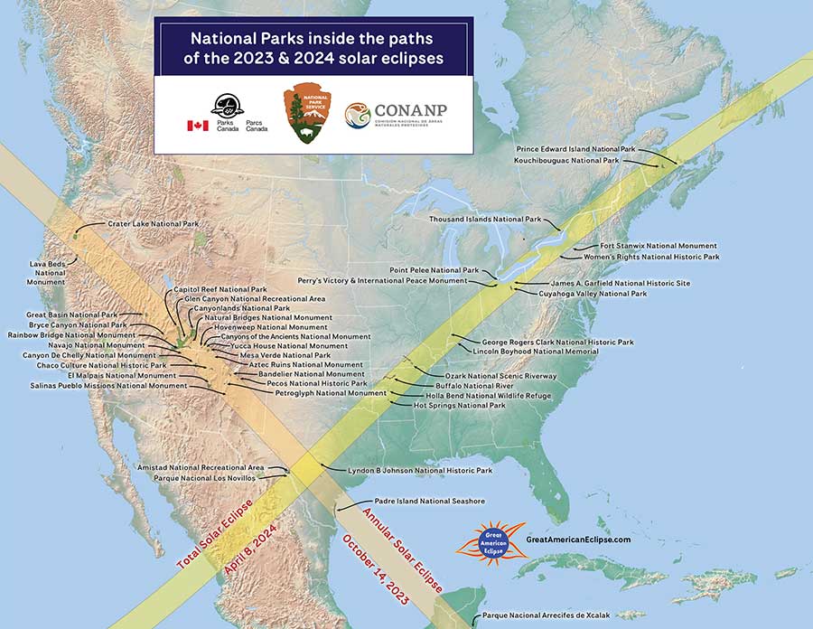 North America map showing 2023 and 2024 solar eclipse paths as well as locations of National Parks